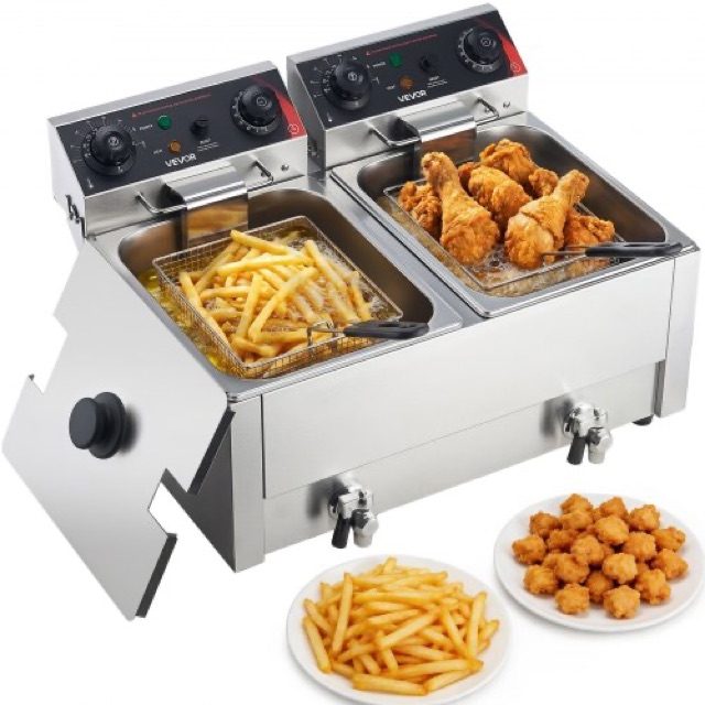 VEVOR Commercial Electric Deep Fryer, Upgrade Dual Tank 14 L Oil Capacity, 5000W Stainless Steel Countertop Fryer with Baskets & Lids, Temp Control, Timer, Overheat Protection, for Restaurant, Silver