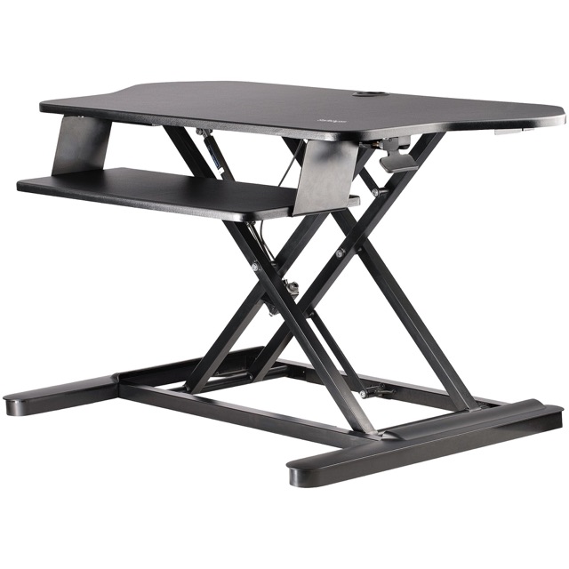 StarTech.com Corner Sit Stand Desk Converter with Keyboard Tray - Large Surface (35" x 21") - Height Adjustable Ergonomic Desktop/Tabletop Standing Workstation - Supports Dual Monitors - TAA