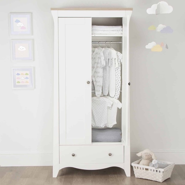 CuddleCo Clara Double Wardrobe White/Ash | 2 Hanging Rails & Drawer