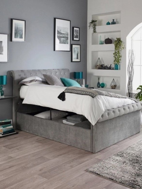 Aspire Chesterfield Superking Side Lift Ottoman Bed Grey Linen Upholstered
