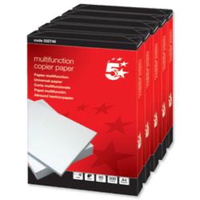 5 star A4 copy printer paper 80gsm best price - 5 reams