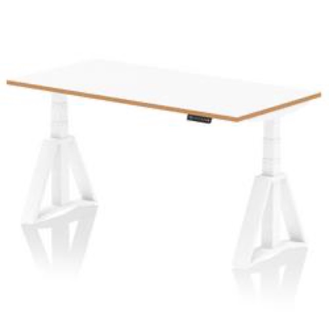 Oslo 1600 Sit Stand Desk White Top Wood Edge White Frame Piste Foot