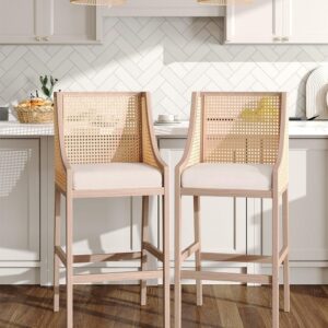 H&O Direct 2 Pcs Beige Rattan Bar Stools with Backrest