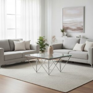 Orsina Sleek Spike Base Coffee Table, Silver Finish Modern Coffee Table For Livingroom, Durable Decorative Table