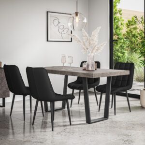 More4Homes Aria Dining Table & Chairs - Oak Effect Table Top w Black Legs + Nova Velvet Dining Chair Set Of 6 in Blue