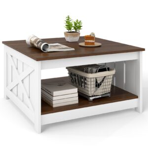 Costway Farmhouse Coffee Table 31" Square Coffee Table w/Storage Shelf